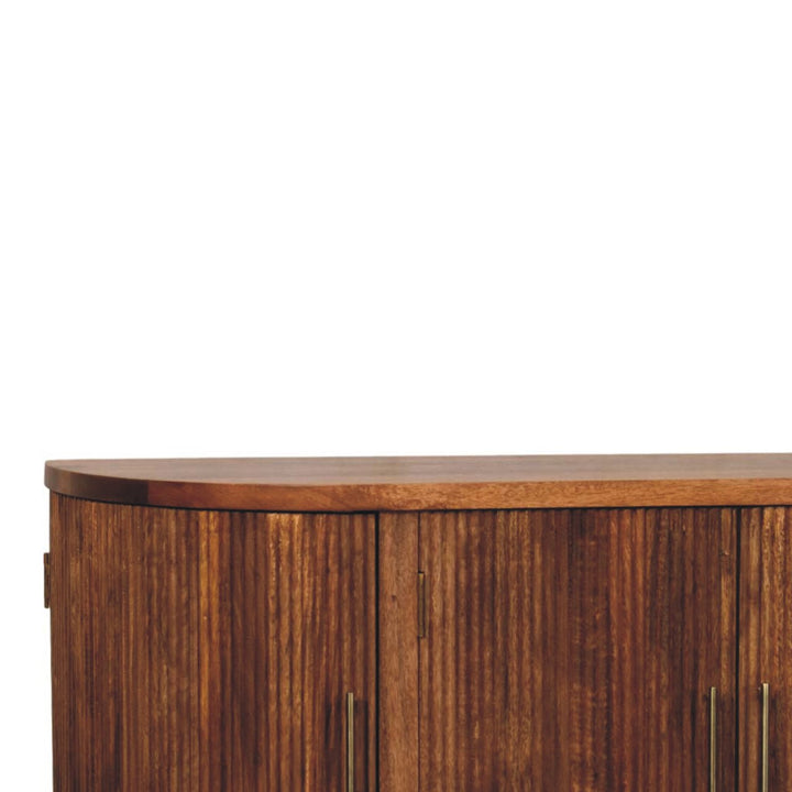 Brown Ash Veneer Solid Mango Wood Ravello 4-Door Curved Buffet with Fluted Fronts & Brass Legs