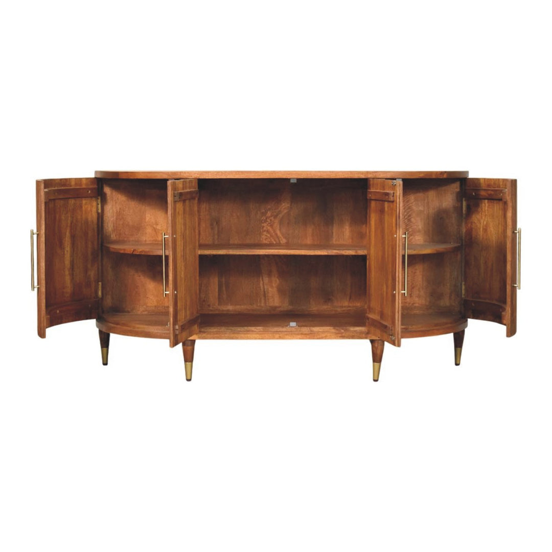 Brown Ash Veneer Solid Mango Wood Ravello 4-Door Curved Buffet with Fluted Fronts & Brass Legs