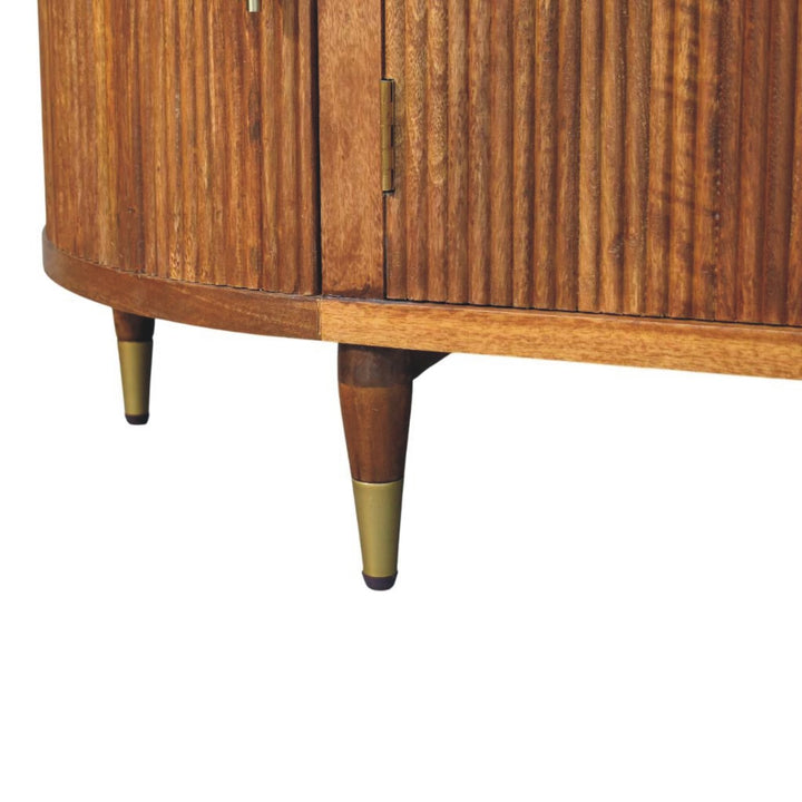 Brown Ash Veneer Solid Mango Wood Ravello 4-Door Curved Buffet with Fluted Fronts & Brass Legs