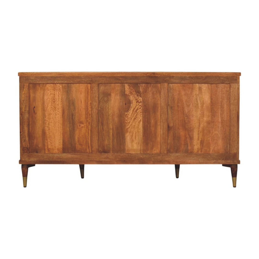 Brown Ash Veneer Solid Mango Wood Ravello 4-Door Curved Buffet with Fluted Fronts & Brass Legs