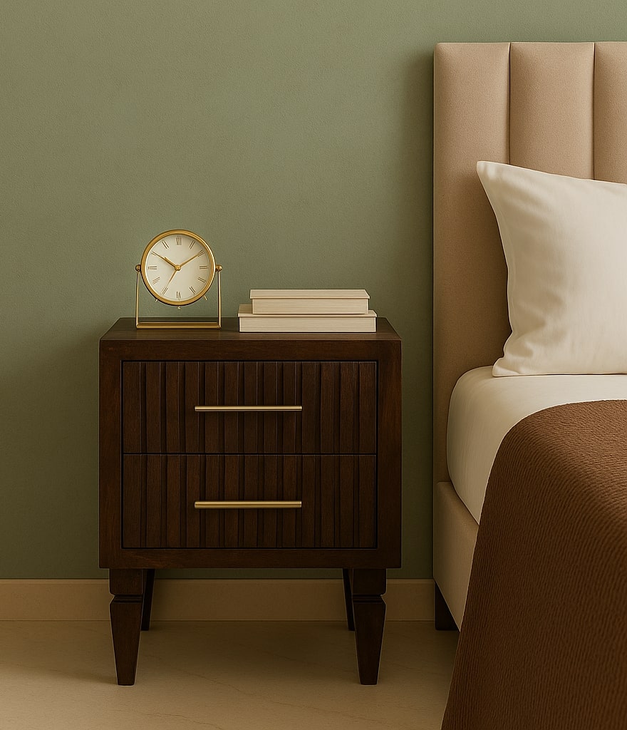 Brown Lacquered Light Oak Solid Mango Wood Belmont Bedside Table with Tapered Nordic Legs