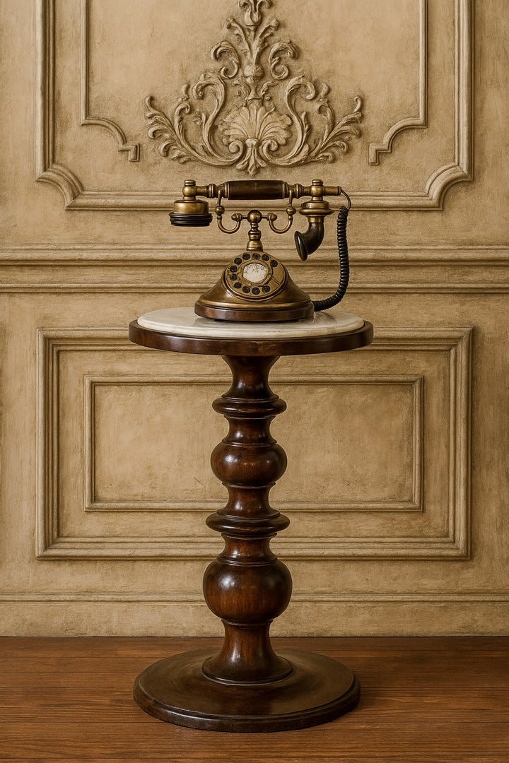 Chocolate Brown Lacquered Chestnut Solid Mango Wood Bellmont Side Table with Marble Top