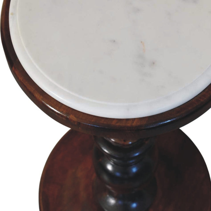 Chocolate Brown Lacquered Chestnut Solid Mango Wood Bellmont Side Table with Marble Top