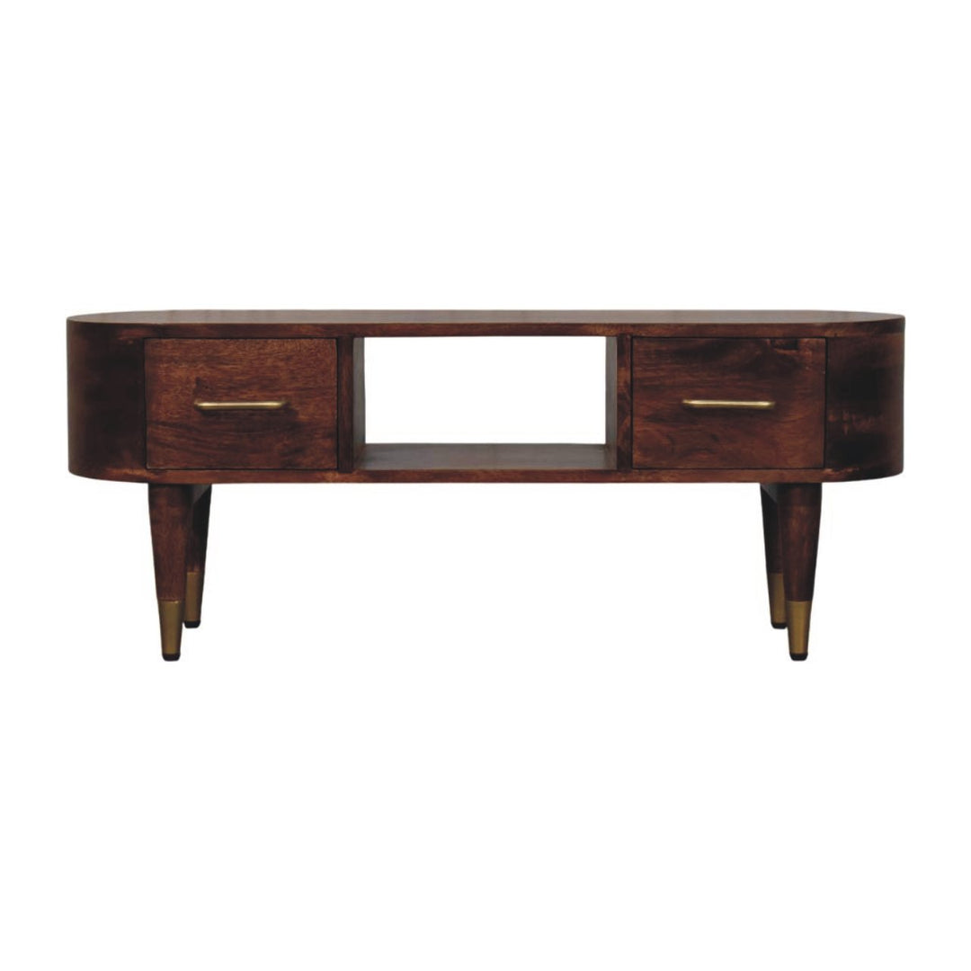 Brown Lacquered Roasted Almond Solid Mango Wood Valenza Curved TV Stand with Brass Handles
