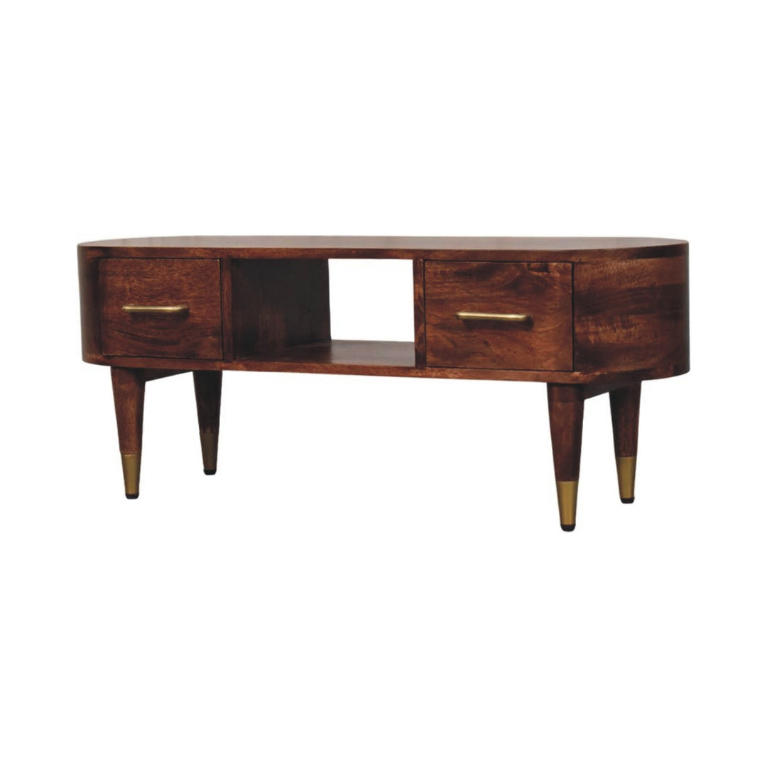 Brown Lacquered Roasted Almond Solid Mango Wood Valenza Curved TV Stand with Brass Handles