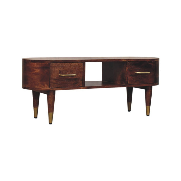 Brown Lacquered Roasted Almond Solid Mango Wood Valenza Curved TV Stand with Brass Handles