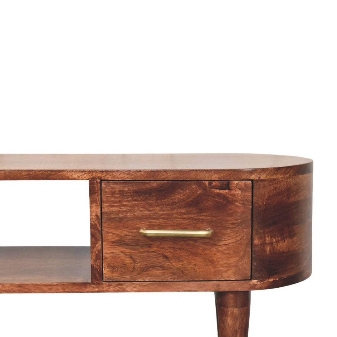 Brown Lacquered Roasted Almond Solid Mango Wood Valenza Curved TV Stand with Brass Handles