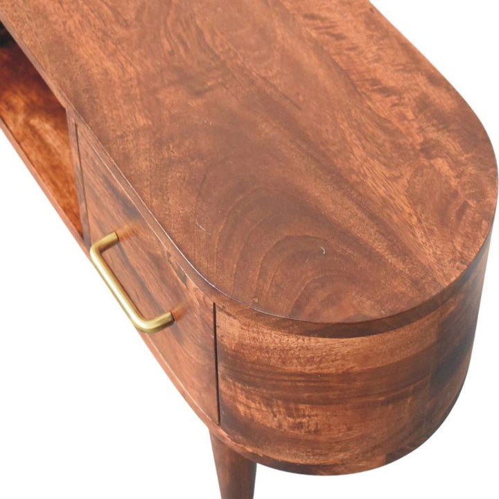 Brown Lacquered Roasted Almond Solid Mango Wood Valenza Curved TV Stand with Brass Handles