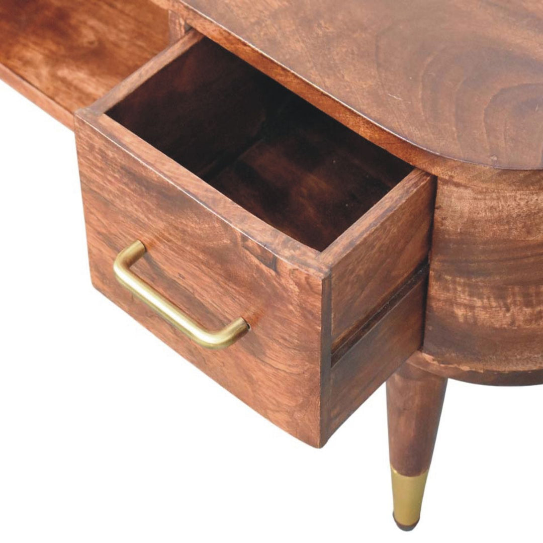 Brown Lacquered Roasted Almond Solid Mango Wood Valenza Curved TV Stand with Brass Handles