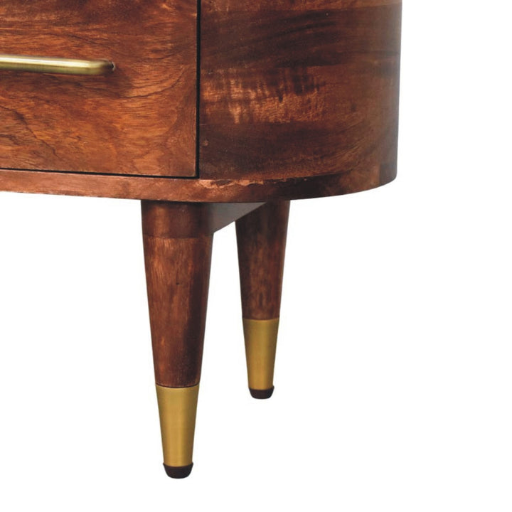 Brown Lacquered Roasted Almond Solid Mango Wood Valenza Curved TV Stand with Brass Handles