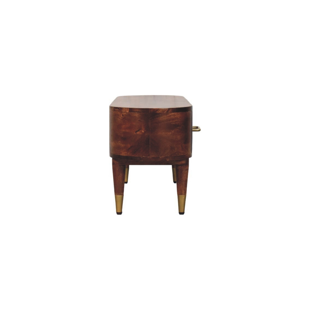Brown Lacquered Roasted Almond Solid Mango Wood Valenza Curved TV Stand with Brass Handles