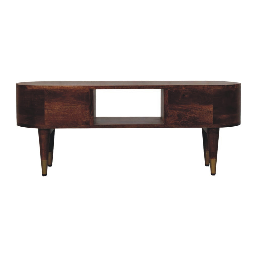 Brown Lacquered Roasted Almond Solid Mango Wood Valenza Curved TV Stand with Brass Handles