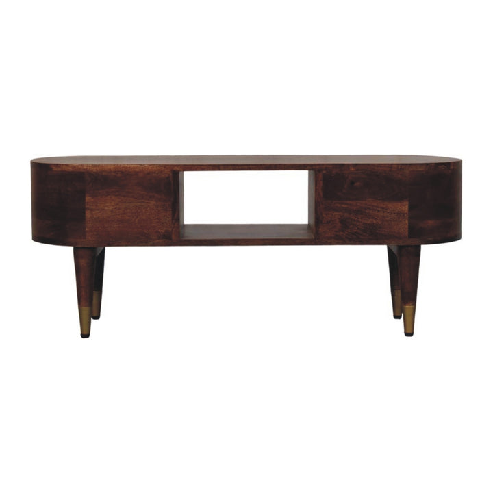 Brown Lacquered Roasted Almond Solid Mango Wood Valenza Curved TV Stand with Brass Handles