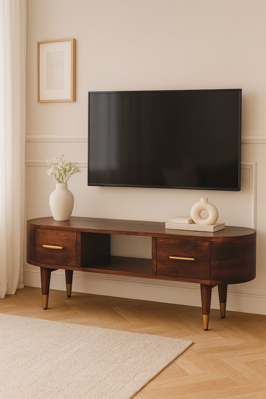 Brown Lacquered Roasted Almond Solid Mango Wood Valenza Curved TV Stand with Brass Handles