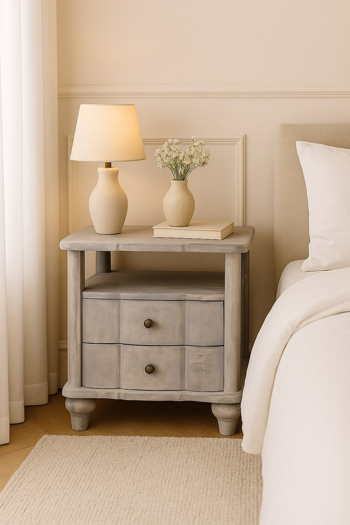 Brown Light Grey Washed Solid Mango Wood Luciun 2-Drawer Bedside with Spherical Feet