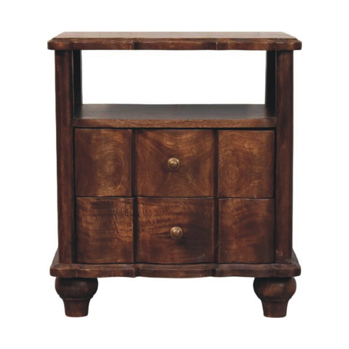 Brown Lacquered Oak-Finish Solid Mango Wood Bedside Shelf with Bone Inlay Drawers & Nordic Legs