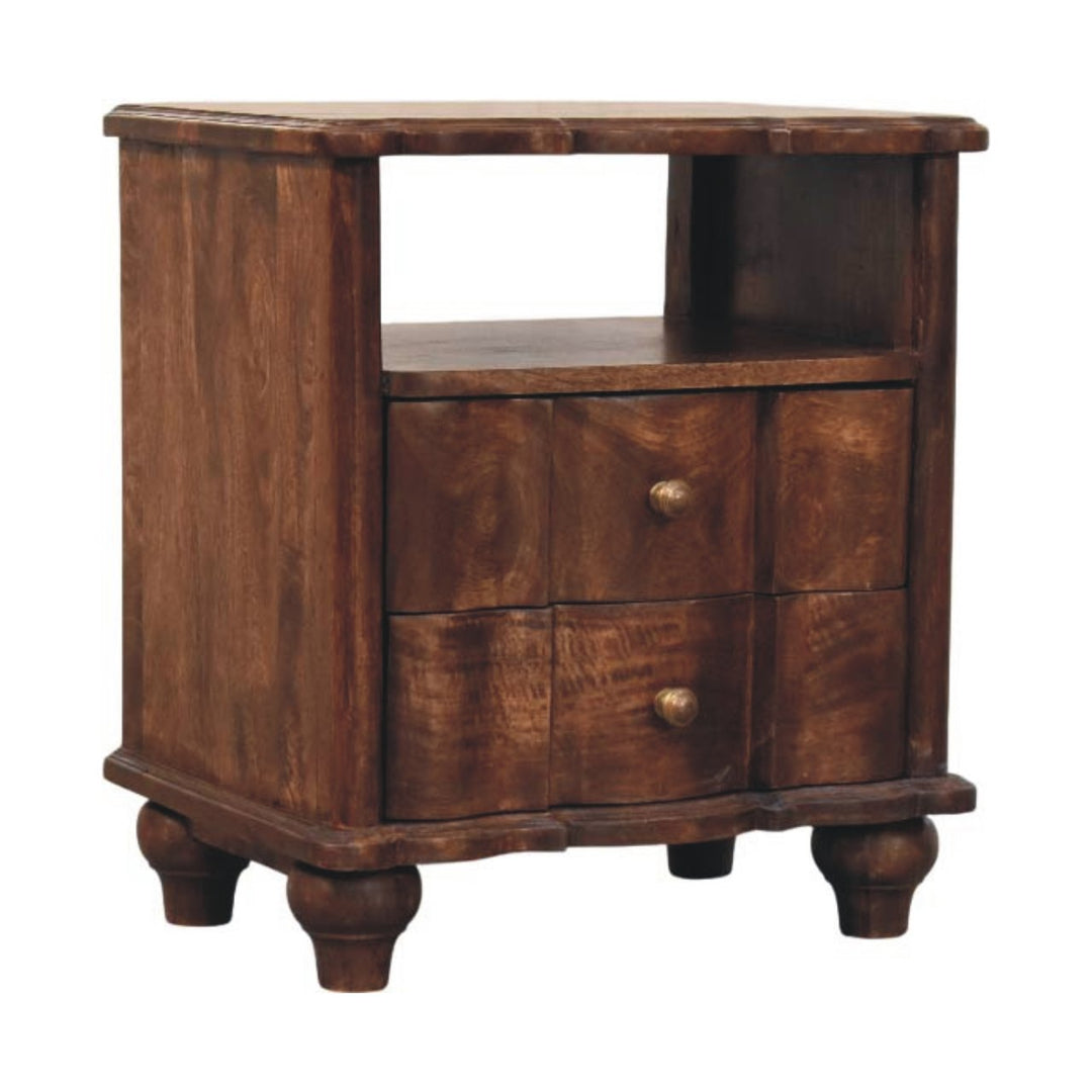 Brown Lacquered Oak-Finish Solid Mango Wood Bedside Shelf with Bone Inlay Drawers & Nordic Legs
