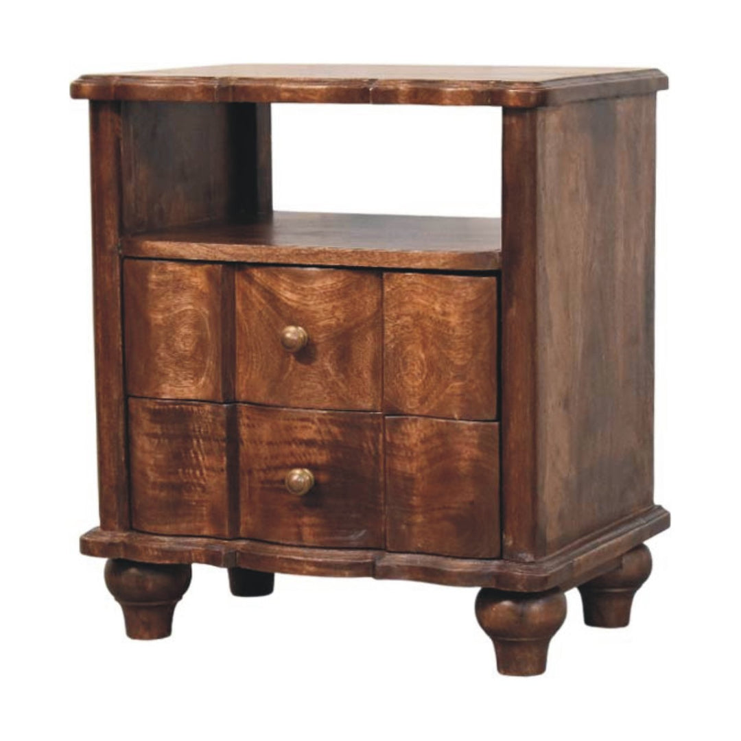 Brown Lacquered Oak-Finish Solid Mango Wood Bedside Shelf with Bone Inlay Drawers & Nordic Legs