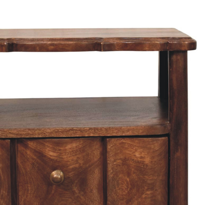 Brown Lacquered Oak-Finish Solid Mango Wood Bedside Shelf with Bone Inlay Drawers & Nordic Legs
