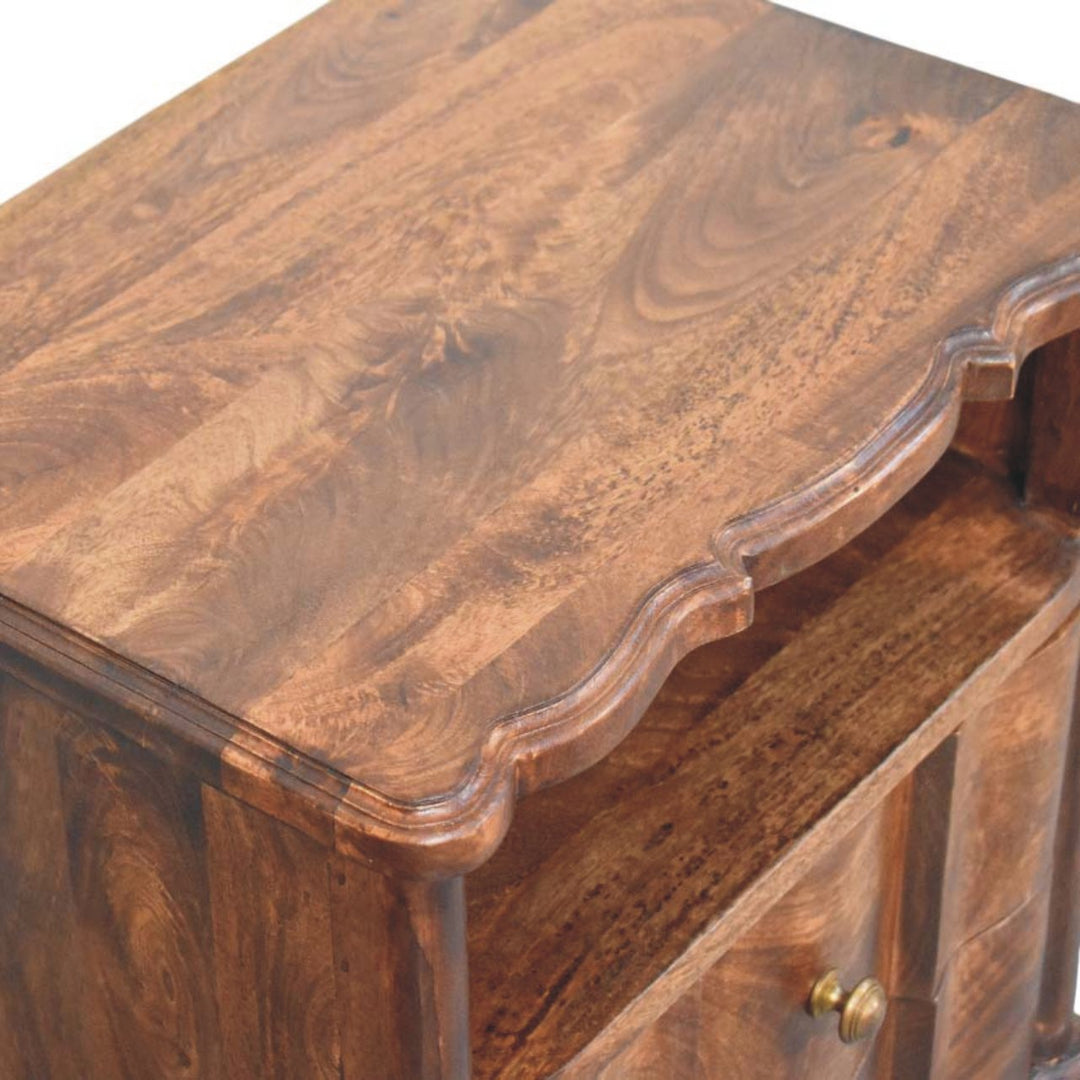 Brown Lacquered Oak-Finish Solid Mango Wood Bedside Shelf with Bone Inlay Drawers & Nordic Legs
