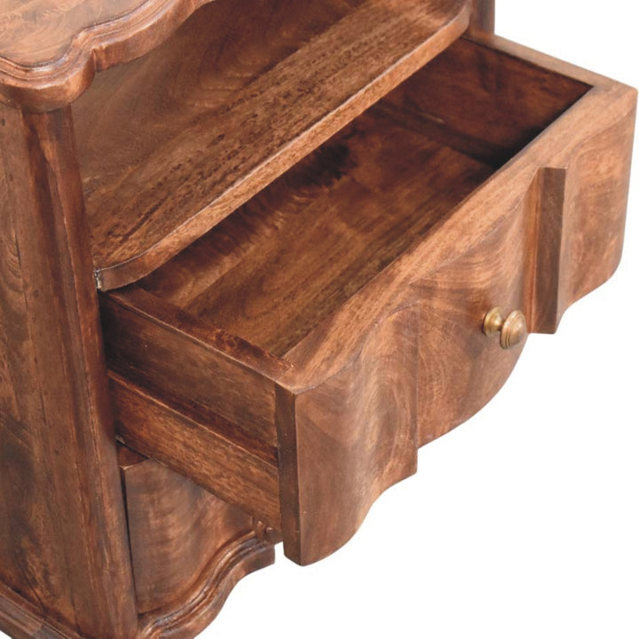 Brown Lacquered Oak-Finish Solid Mango Wood Bedside Shelf with Bone Inlay Drawers & Nordic Legs