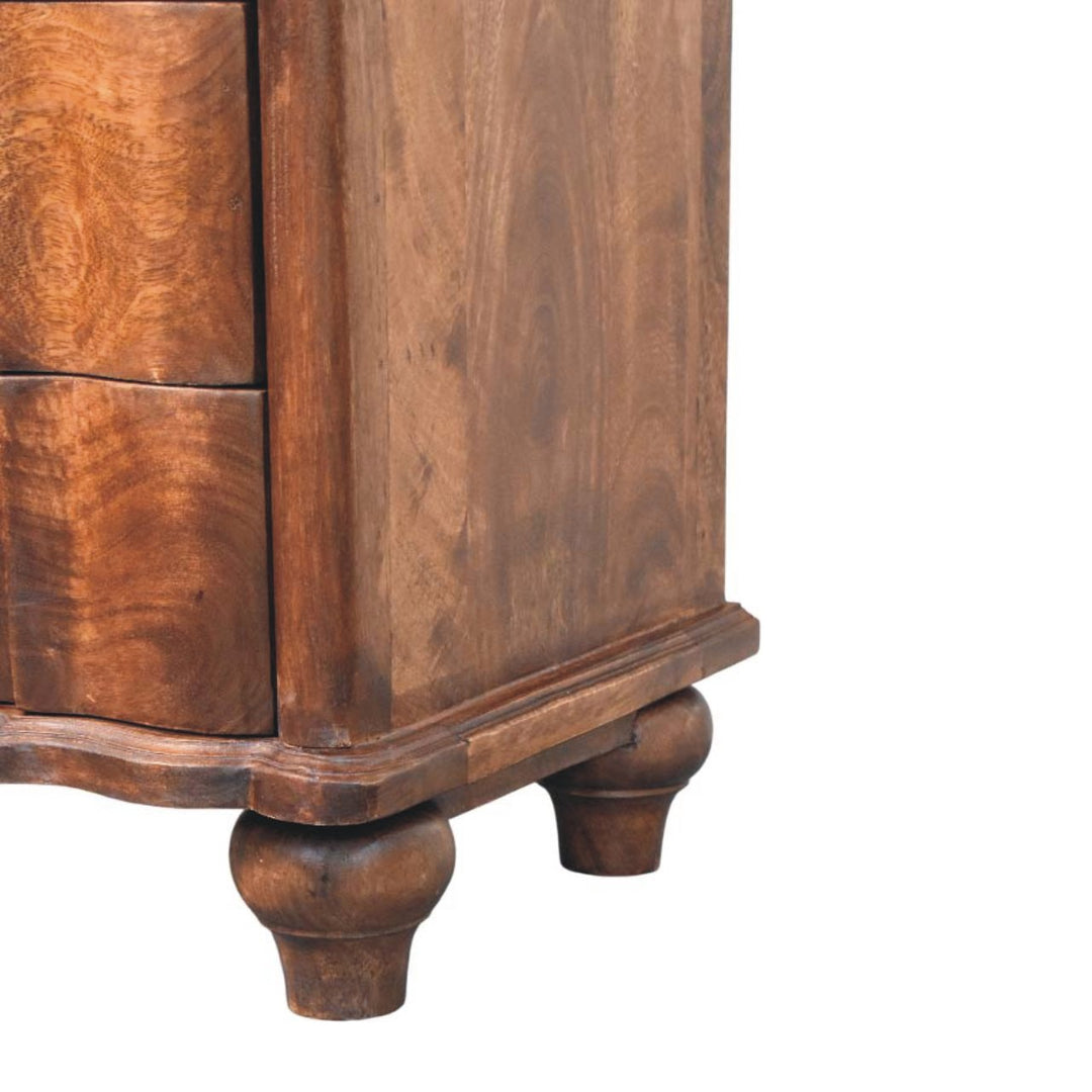 Brown Lacquered Oak-Finish Solid Mango Wood Bedside Shelf with Bone Inlay Drawers & Nordic Legs