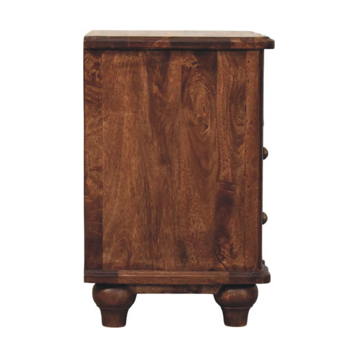 Brown Lacquered Oak-Finish Solid Mango Wood Bedside Shelf with Bone Inlay Drawers & Nordic Legs
