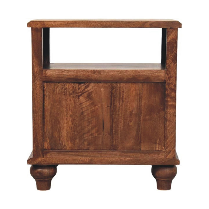 Brown Lacquered Oak-Finish Solid Mango Wood Bedside Shelf with Bone Inlay Drawers & Nordic Legs