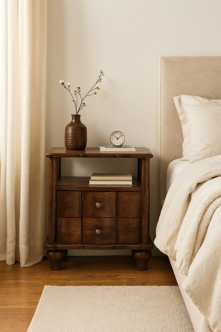 Brown Lacquered Oak-Finish Solid Mango Wood Bedside Shelf with Bone Inlay Drawers & Nordic Legs