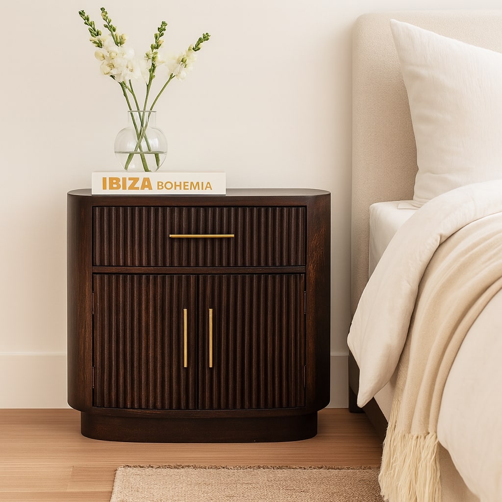 Brown Velvet Solid Mango Wood Milan Bedside with 1 Drawer, 2 Doors & Amber Oak Finish