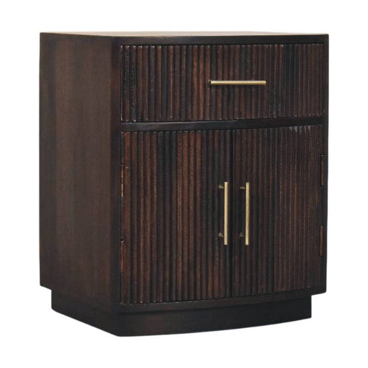 Brown Velvet Solid Mango Wood Milan Bedside with 1 Drawer, 2 Doors & Amber Oak Finish
