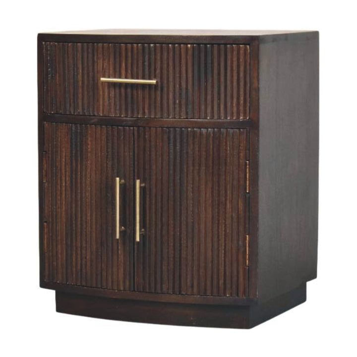 Brown Velvet Solid Mango Wood Milan Bedside with 1 Drawer, 2 Doors & Amber Oak Finish