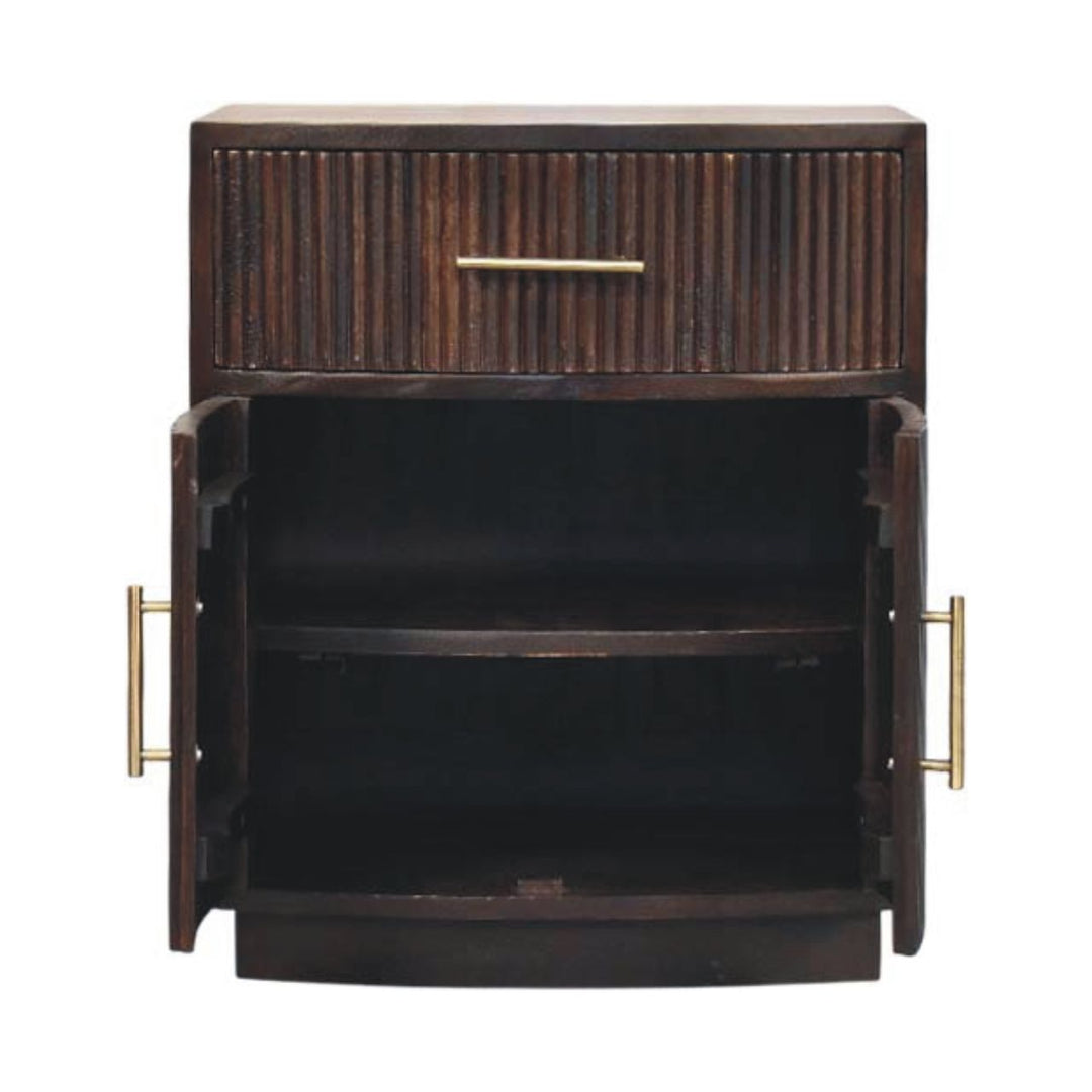 Brown Velvet Solid Mango Wood Milan Bedside with 1 Drawer, 2 Doors & Amber Oak Finish