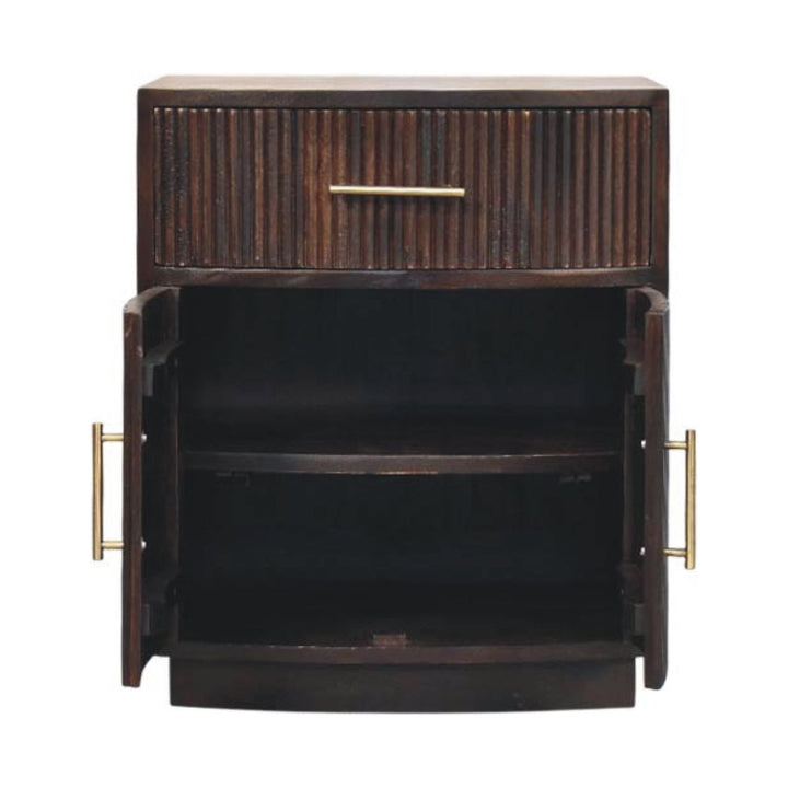 Brown Velvet Solid Mango Wood Milan Bedside with 1 Drawer, 2 Doors & Amber Oak Finish