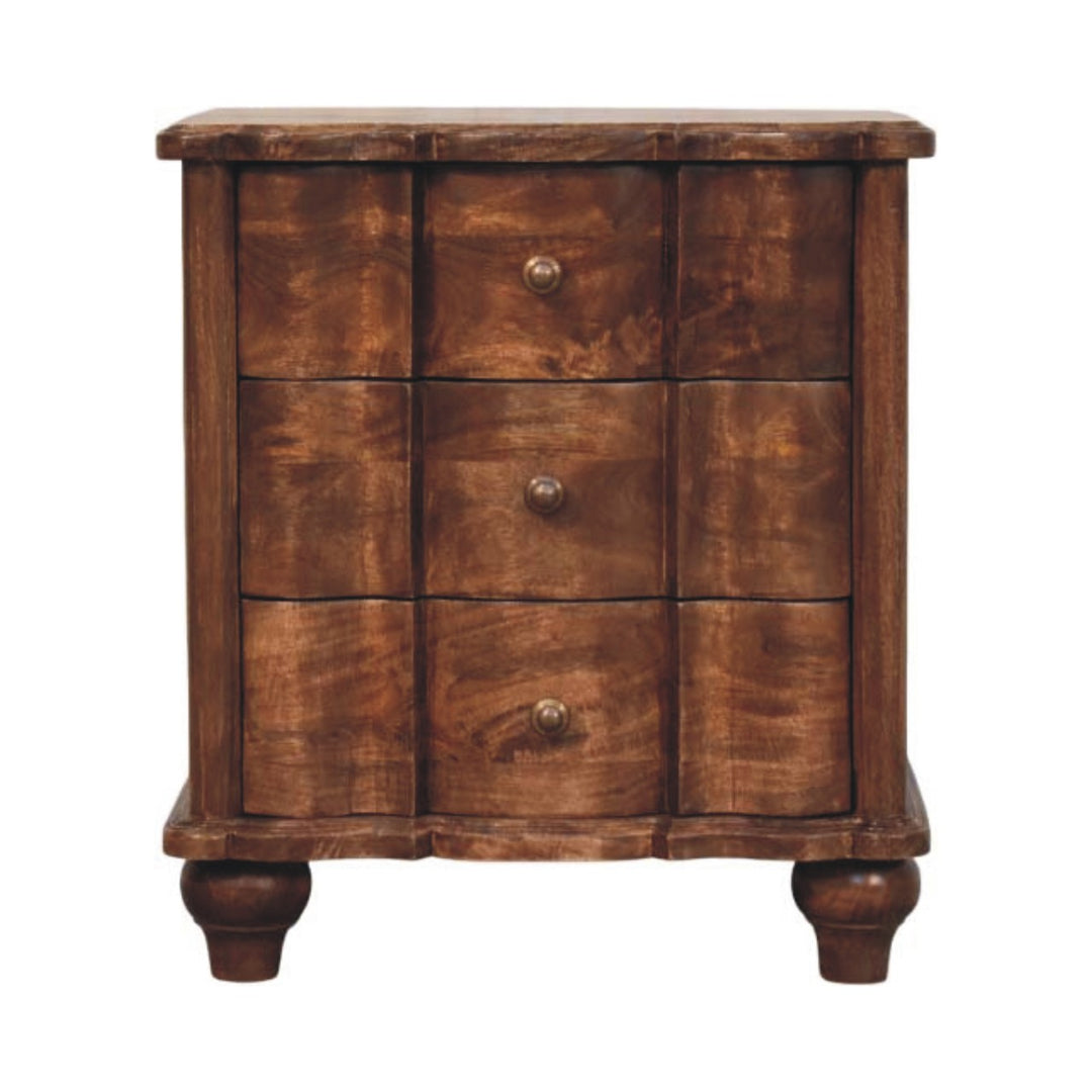 Brown Lacquered Toasted Almond Solid Mango Wood Valencia 3-Drawer Bedside with Antique Brass Handles