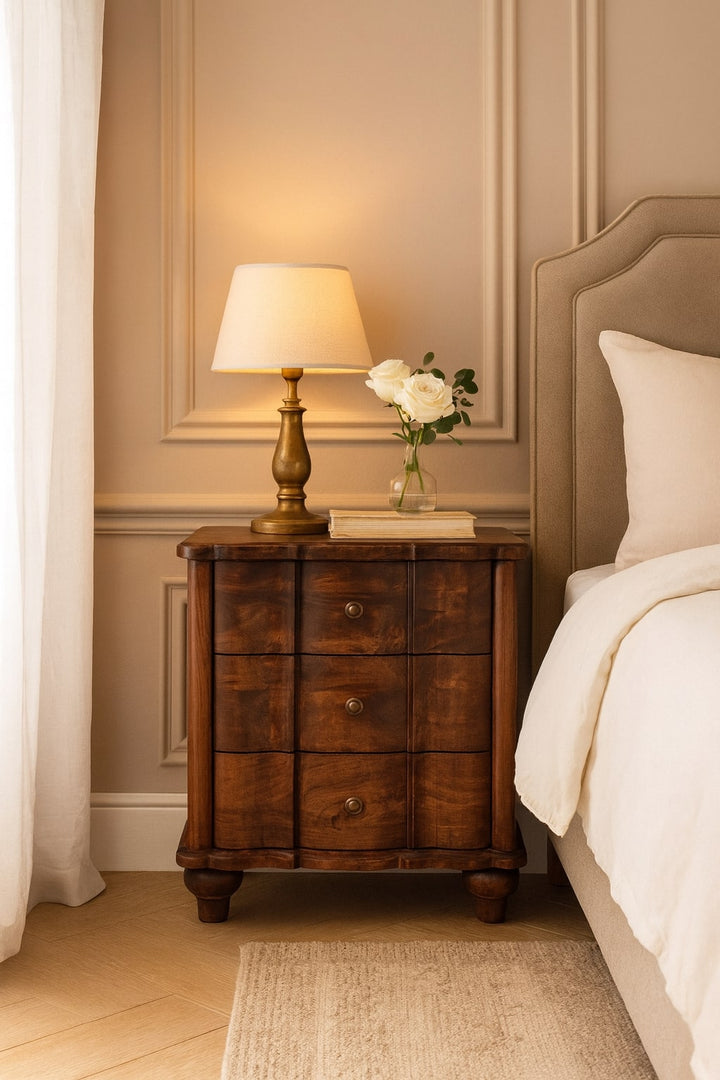 Brown Lacquered Toasted Almond Solid Mango Wood Valencia 3-Drawer Bedside with Antique Brass Handles