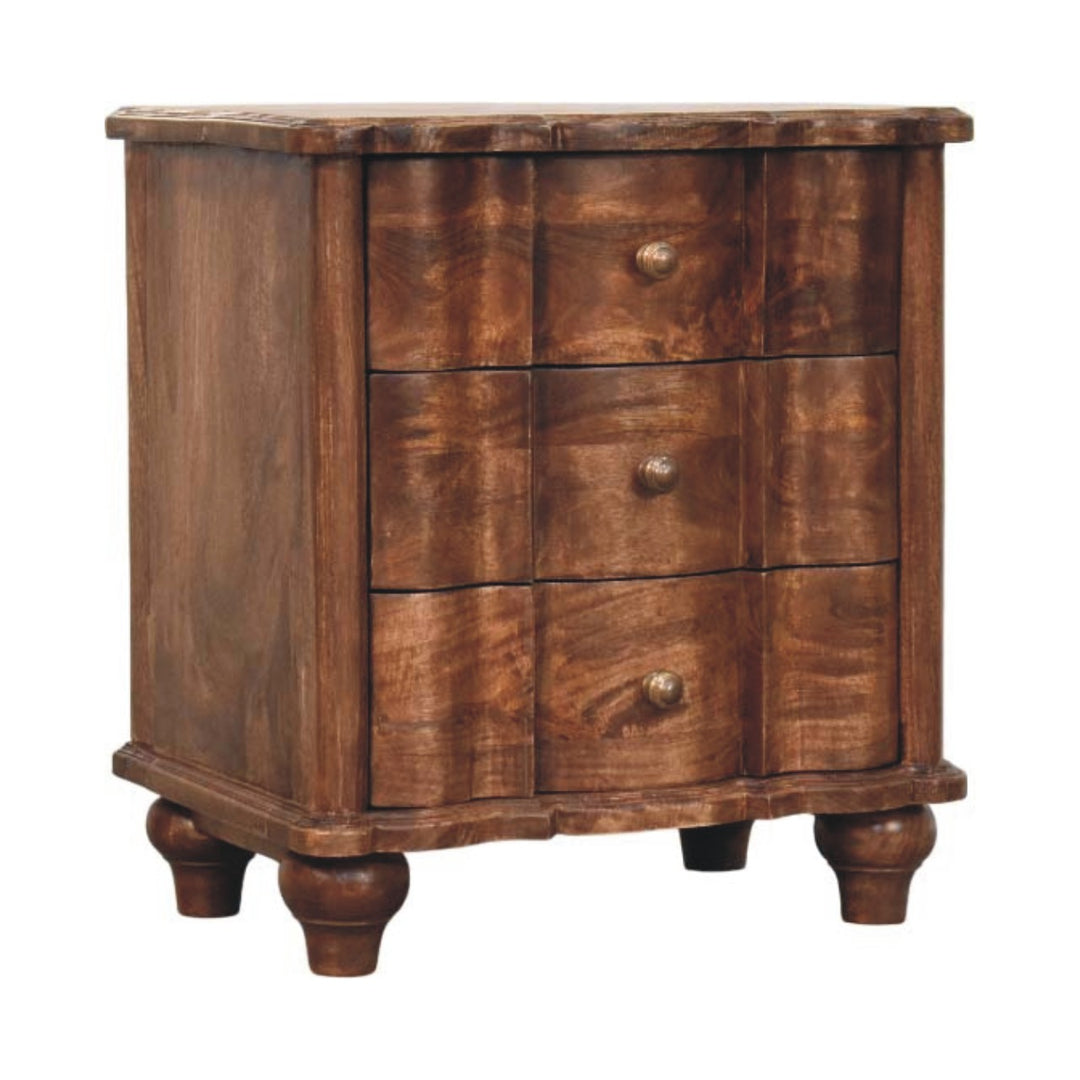 Brown Lacquered Toasted Almond Solid Mango Wood Valencia 3-Drawer Bedside with Antique Brass Handles