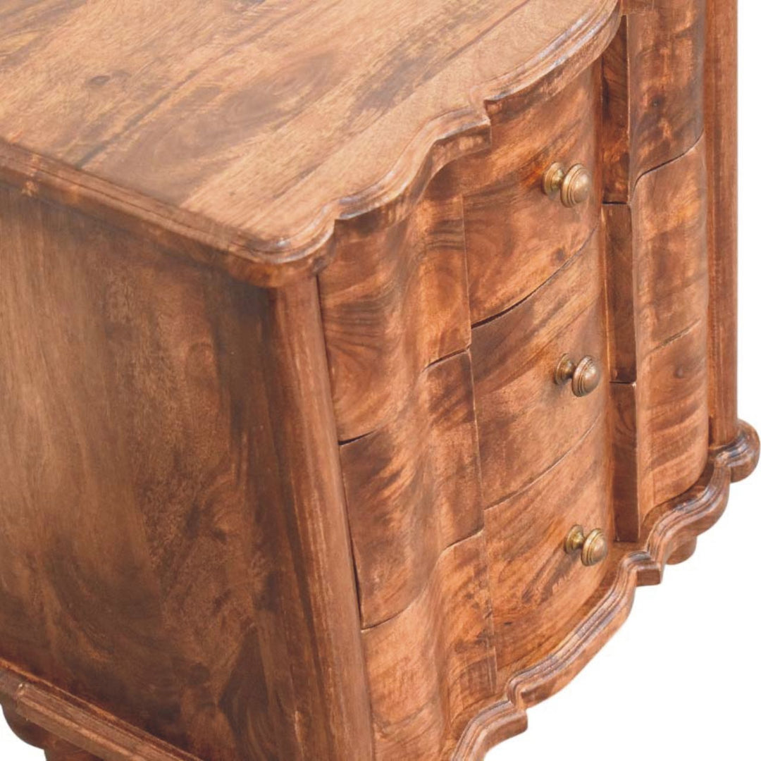 Brown Lacquered Toasted Almond Solid Mango Wood Valencia 3-Drawer Bedside with Antique Brass Handles