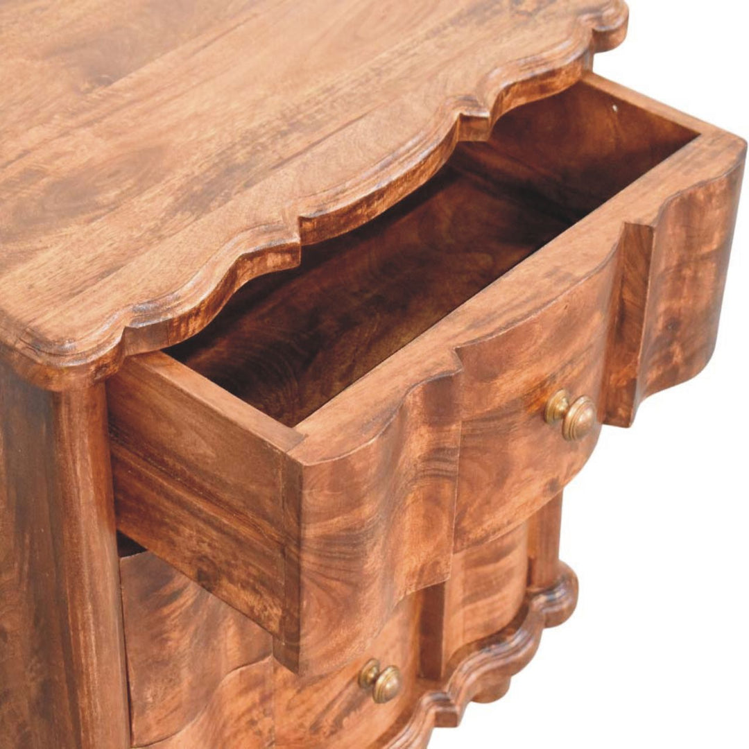 Brown Lacquered Toasted Almond Solid Mango Wood Valencia 3-Drawer Bedside with Antique Brass Handles
