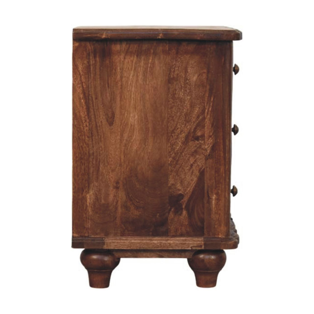 Brown Lacquered Toasted Almond Solid Mango Wood Valencia 3-Drawer Bedside with Antique Brass Handles