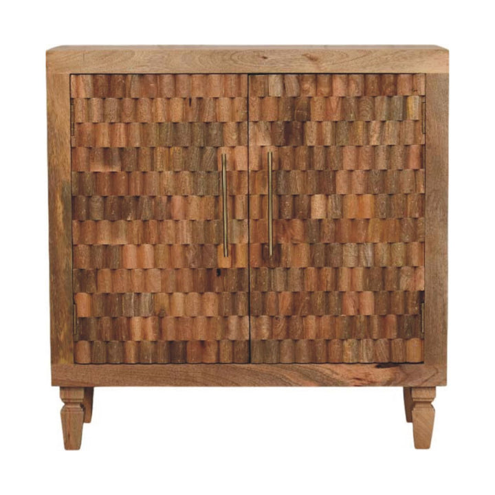 Solid Mango Wood Marbella Open Display Cabinet with Sculpted Front, 2 Shelves & Brass Handles | Golden Teak Finish | 85 x 35 x 86 cm