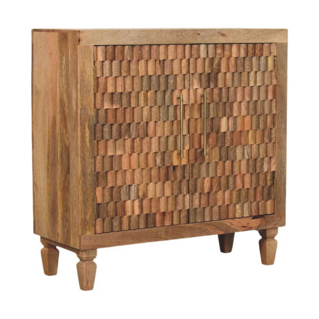 Solid Mango Wood Marbella Open Display Cabinet with Sculpted Front, 2 Shelves & Brass Handles | Golden Teak Finish | 85 x 35 x 86 cm