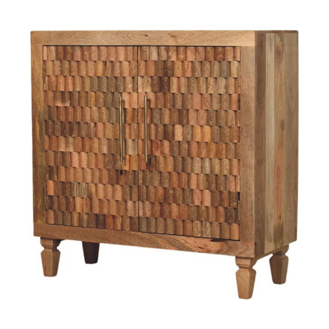 Solid Mango Wood Marbella Open Display Cabinet with Sculpted Front, 2 Shelves & Brass Handles | Golden Teak Finish | 85 x 35 x 86 cm