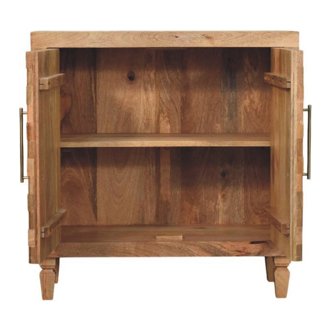 Solid Mango Wood Marbella Open Display Cabinet with Sculpted Front, 2 Shelves & Brass Handles | Golden Teak Finish | 85 x 35 x 86 cm