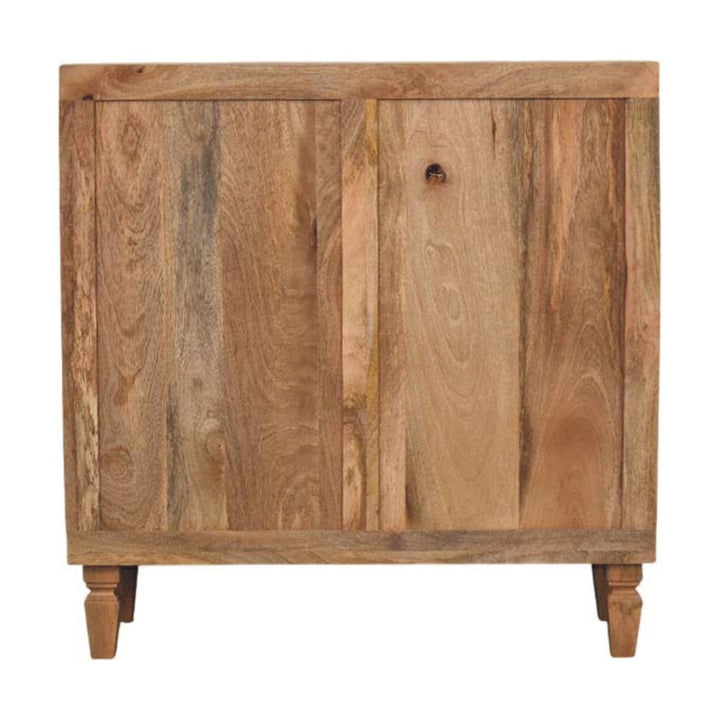 Solid Mango Wood Marbella Open Display Cabinet with Sculpted Front, 2 Shelves & Brass Handles | Golden Teak Finish | 85 x 35 x 86 cm