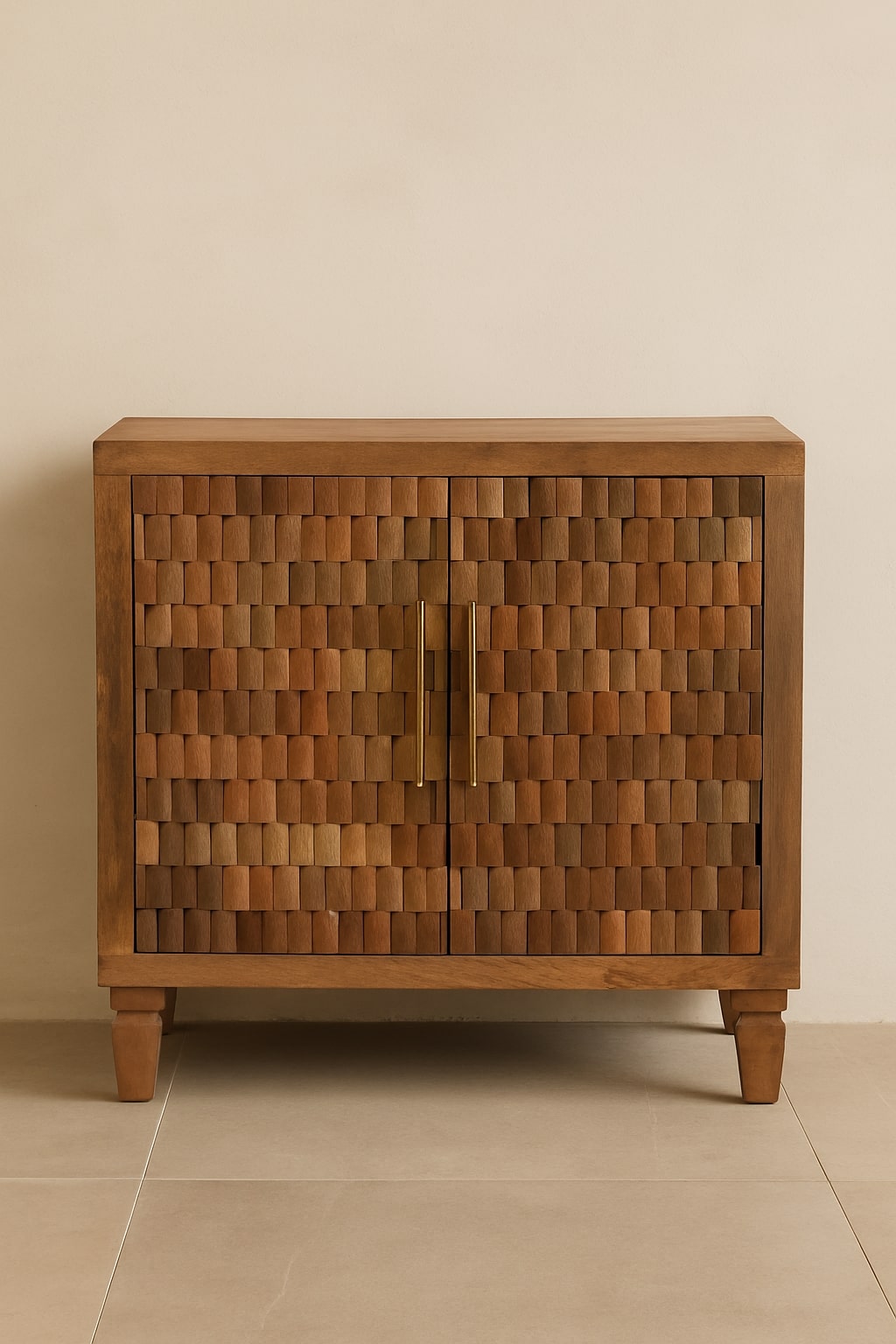 Solid Mango Wood Marbella Open Display Cabinet with Sculpted Front, 2 Shelves & Brass Handles | Golden Teak Finish | 85 x 35 x 86 cm