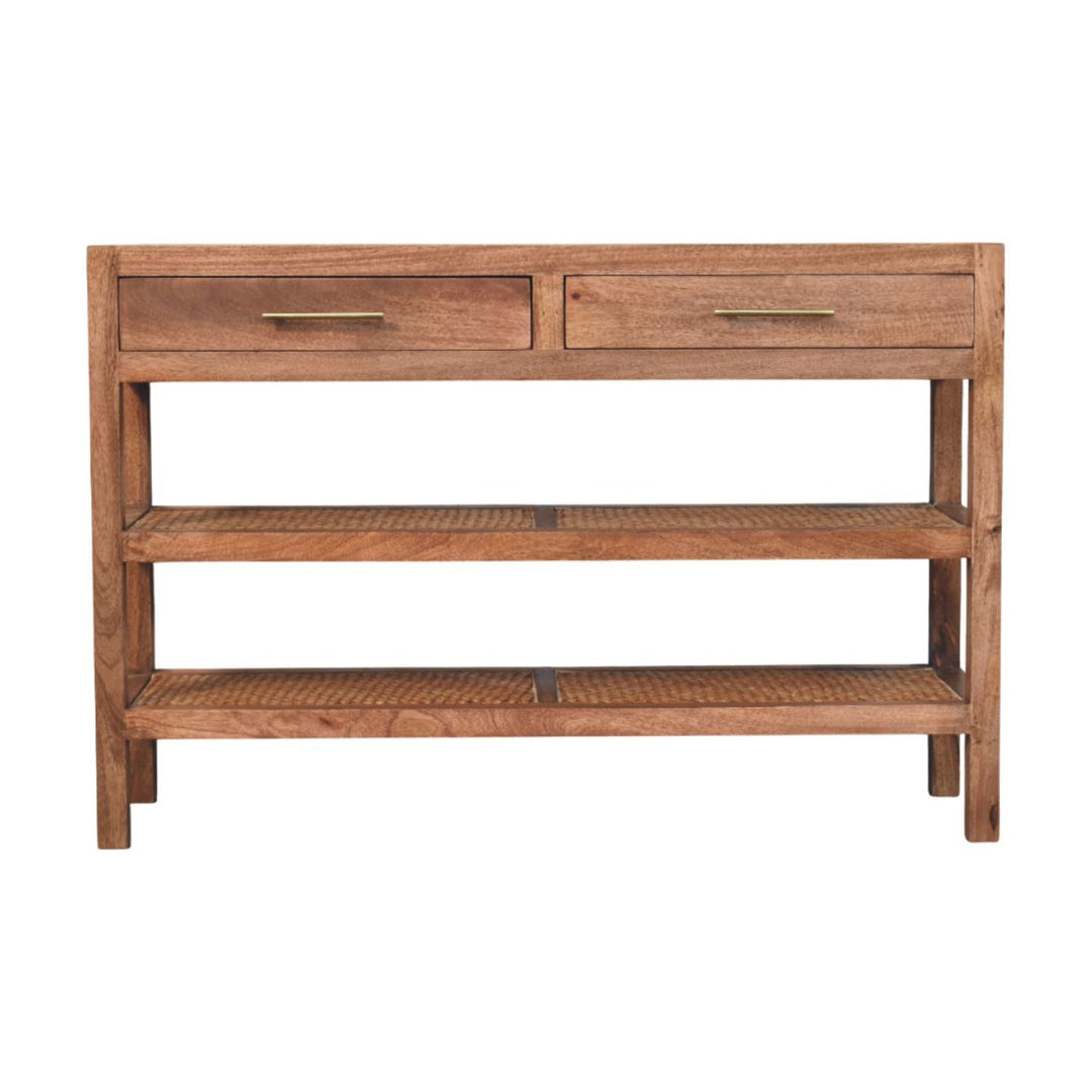 Brown Lacquered Honey Caramel Solid Mango Wood Woven Console with Rattan Shelves & Brass Handles