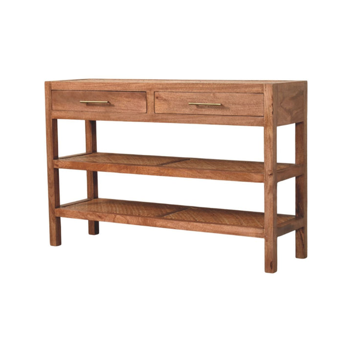 Brown Lacquered Honey Caramel Solid Mango Wood Woven Console with Rattan Shelves & Brass Handles