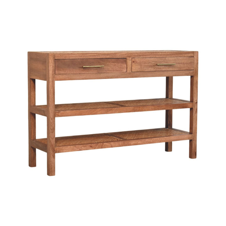 Brown Lacquered Honey Caramel Solid Mango Wood Woven Console with Rattan Shelves & Brass Handles