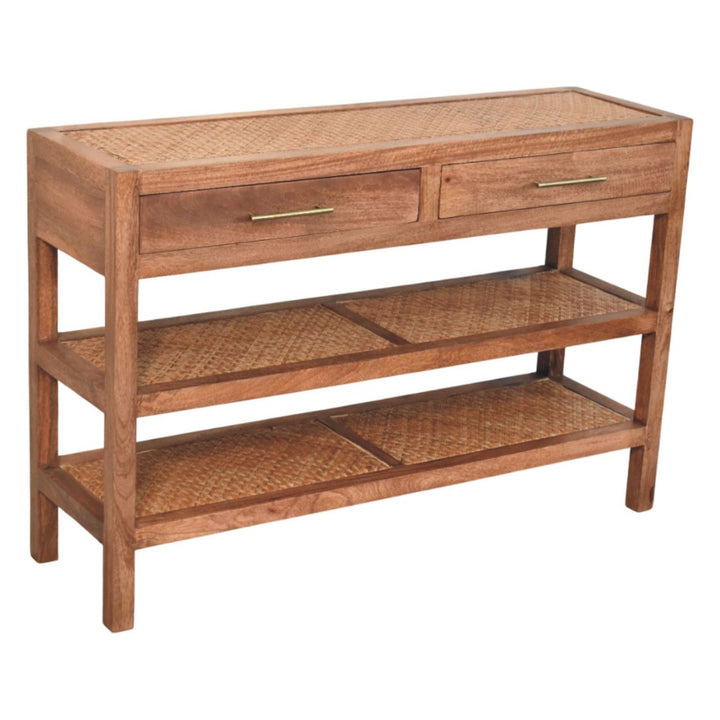 Brown Lacquered Honey Caramel Solid Mango Wood Woven Console with Rattan Shelves & Brass Handles